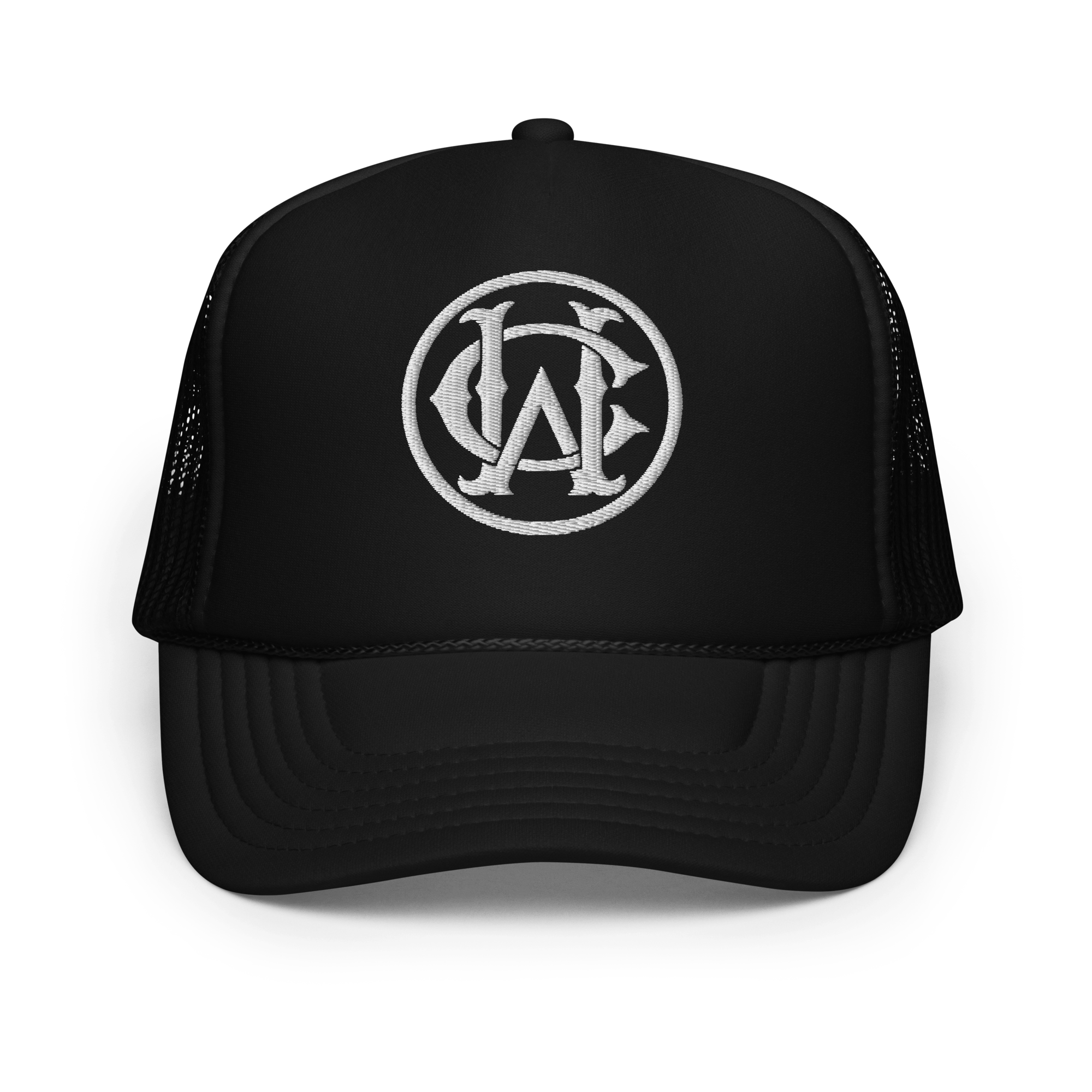 Wolves Cry Black WC Foam Trucker Hat featuring the embroidered WC monogram logo on a black foam front, delivering retro California-inspired style.