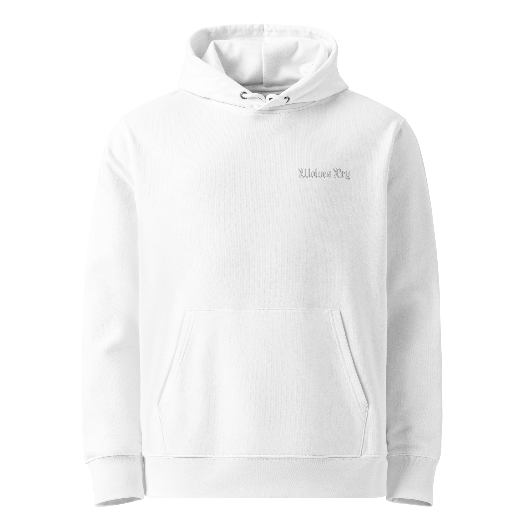 Wolves Cry Originals Classic White Hoodie made from 100% organic cotton featuring a minimalist embroidered logo, designed for streetwear and urban fashion enthusiasts. Perfect for versatile, everyday wear.