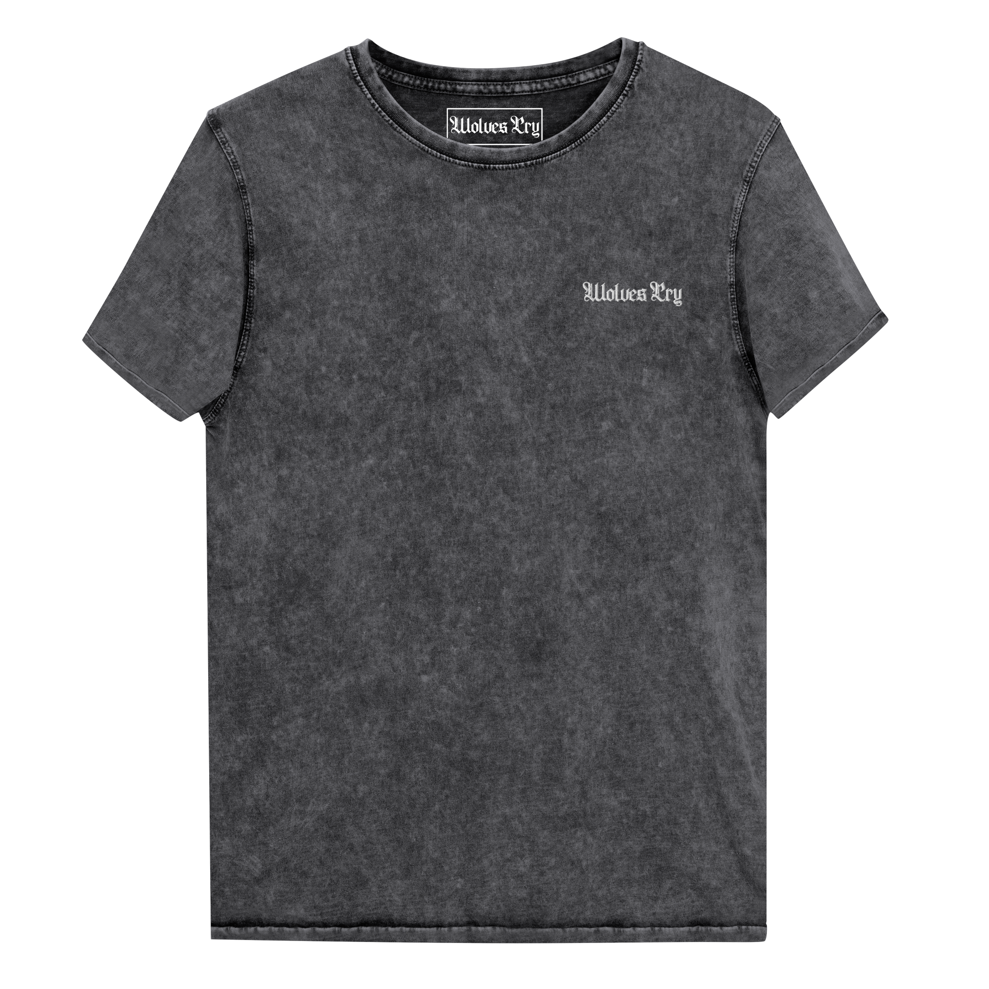 Wolves Cry Originals Embroidered Denim Tee in black, made from 100% combed cotton. Features a marbled texture and minimalist embroidered OG logo on the chest, blending rebellious streetwear culture with timeless style.