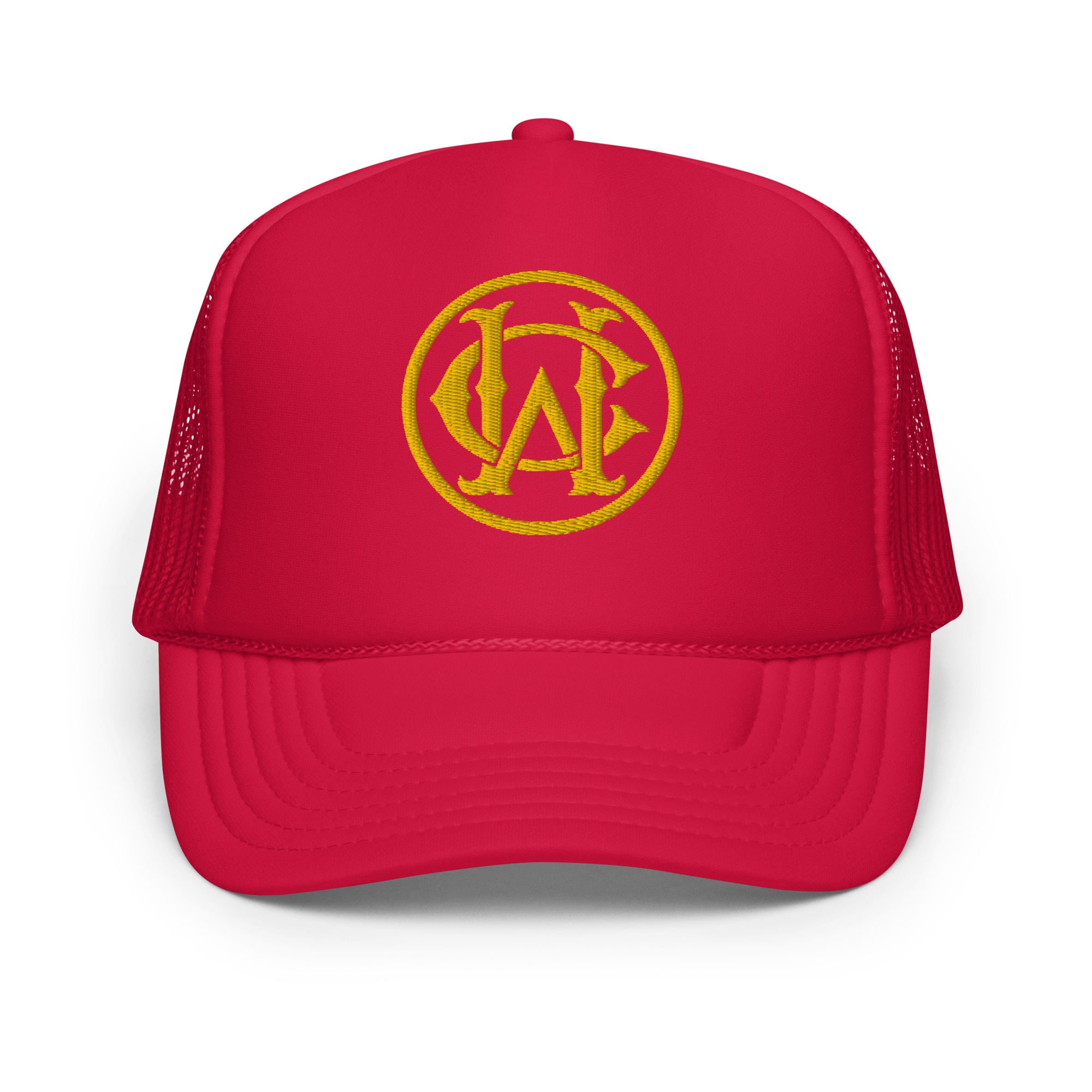 Wolves Cry Originals Happy Meal Foam Trucker Hat in bold red and yellow with nostalgic 90s-inspired design and embroidered monogram. Featuring a comfy foam front, adjustable plastic snap, and retro vibes for a playful streetwear statement.