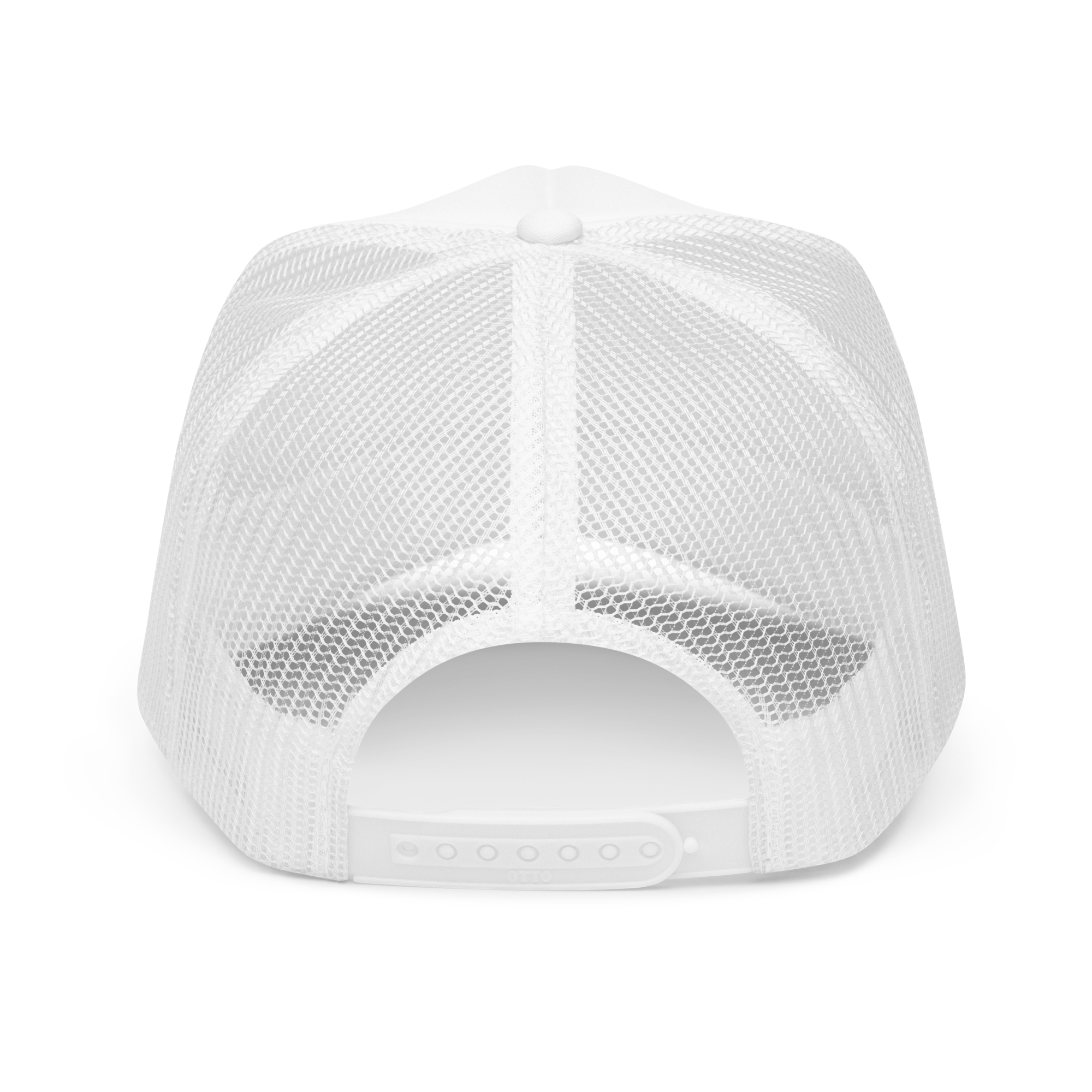 Back view of the Wolves Cry Originals OG Foam Trucker Hat in white, showcasing the adjustable snap for a comfortable fit. Mesh backing provides enhanced breathability, ideal for a stylish and functional accessory.