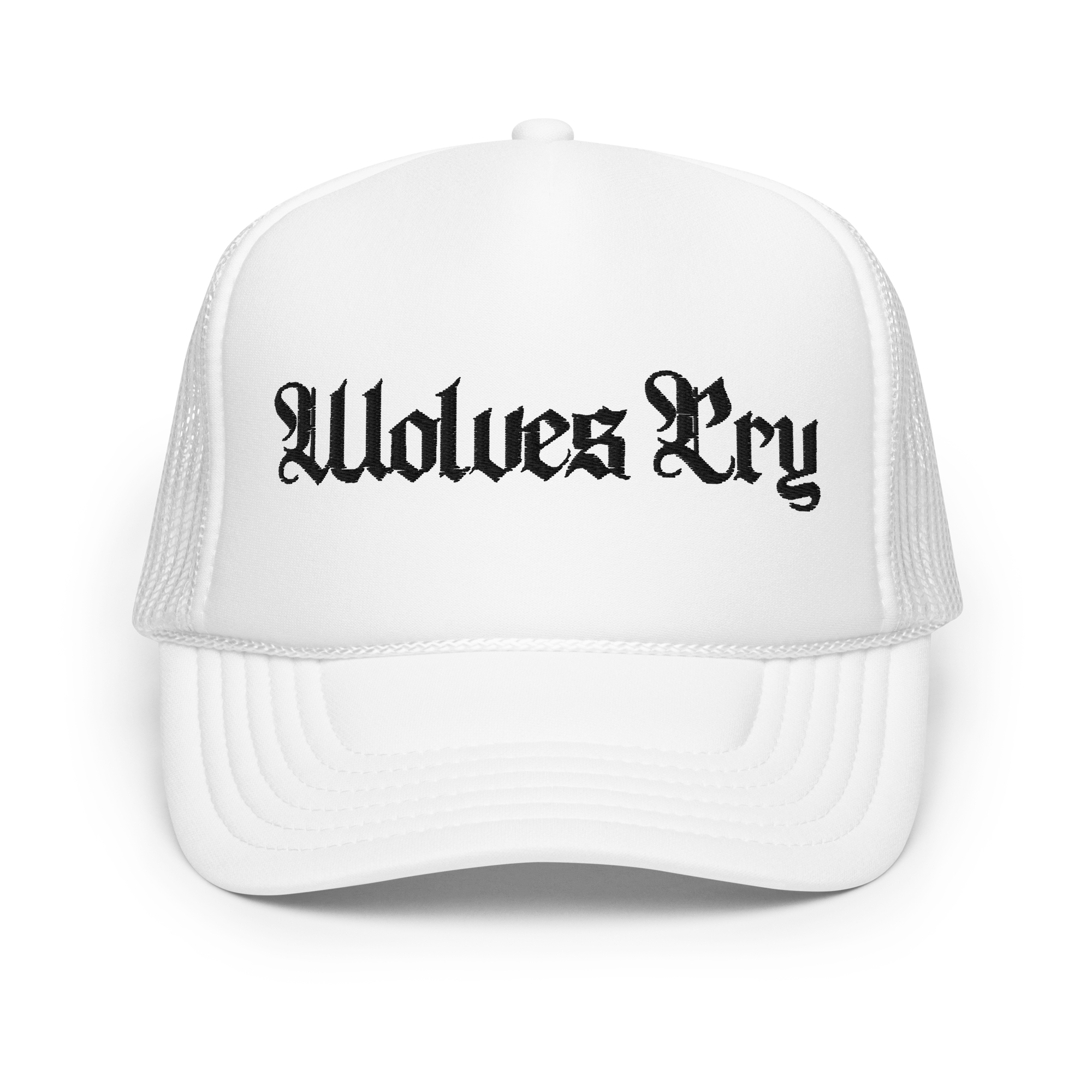 Wolves Cry Originals OG Foam Trucker Hat in white, featuring bold black embroidery of the signature logo. Lightweight and breathable design with a classic retro-inspired vibe, perfect for sunny adventures or everyday wear.