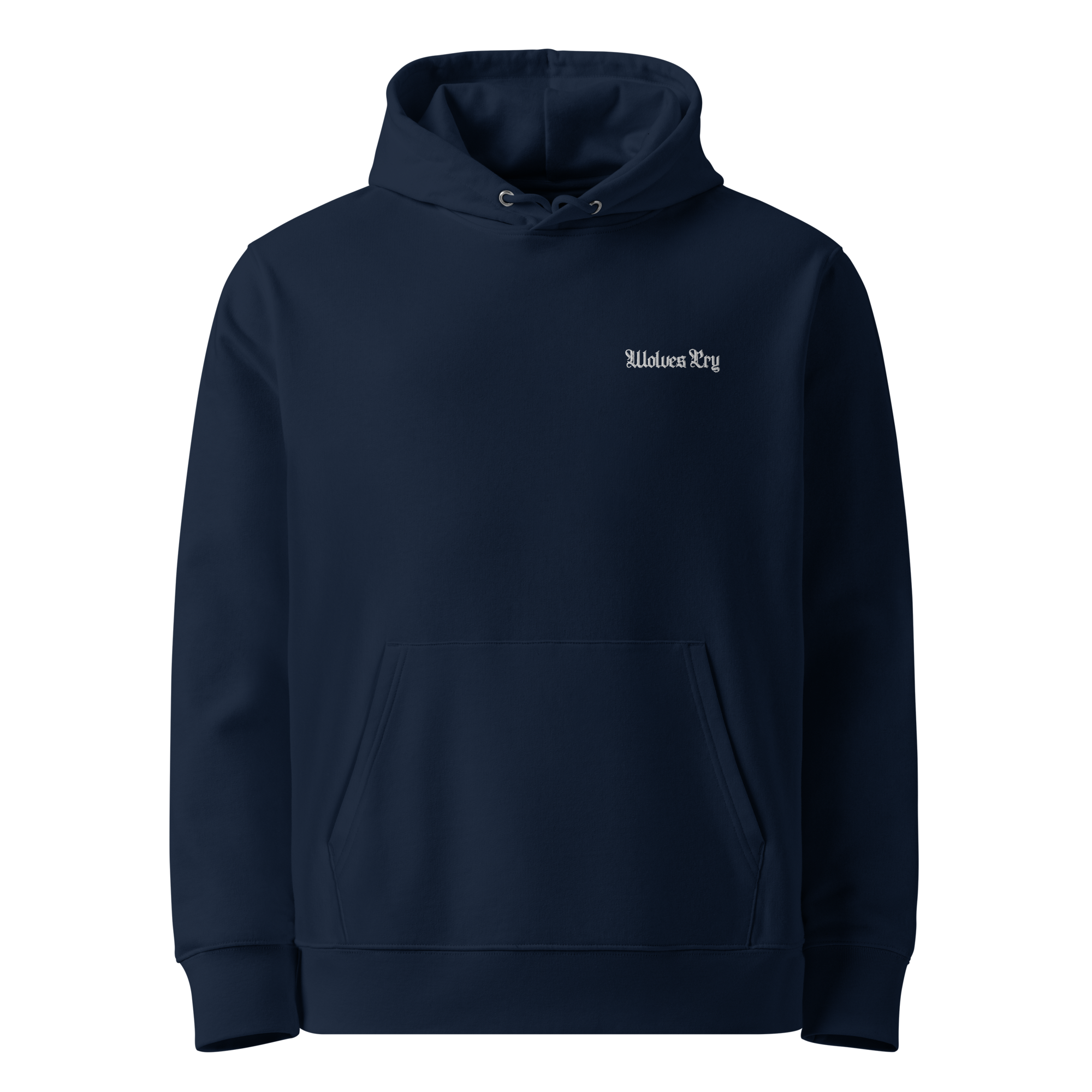 Front view of Wolves Cry Originals Pacific Midnight Hoodie, crafted from 100% organic cotton, featuring subtle OG font embroidery and a sleek, minimalist black design.