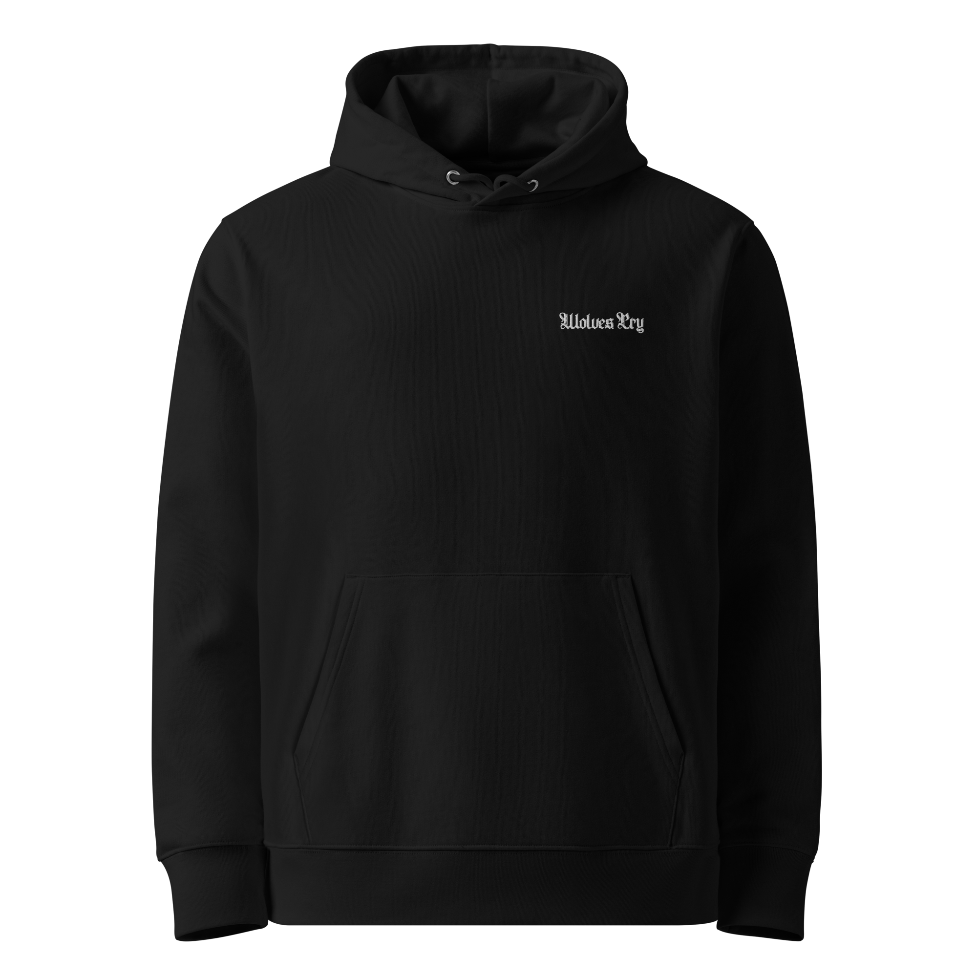 Front view of the Wolves Cry Ravens Wing Black Hoodie, featuring subtle OG font embroidery on the chest, crafted from 100% organic cotton for premium comfort and durability.