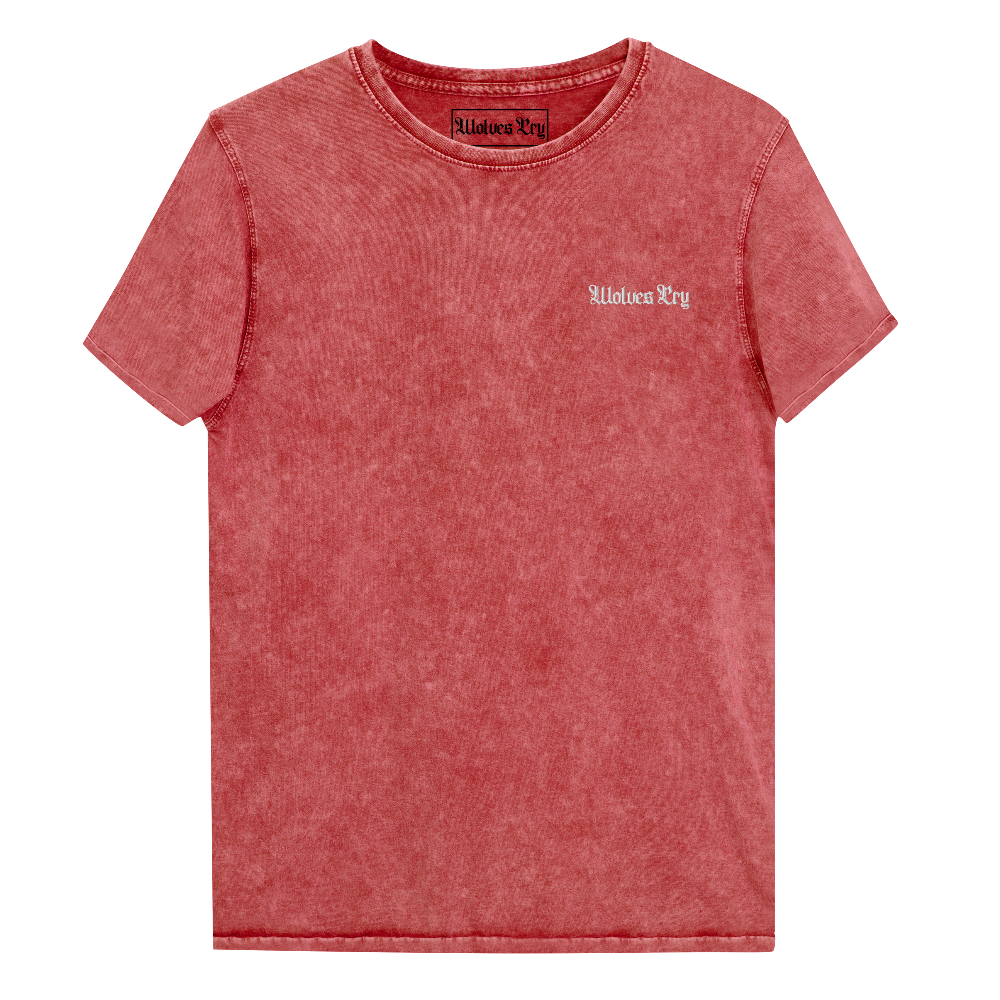 Front view of the Wolves Cry Red Embroidered Denim Tee featuring a vibrant red hue with an embroidered OG font on the left chest, crafted from 100% combed cotton with ribbed sleeves and a classic rounded neckline.