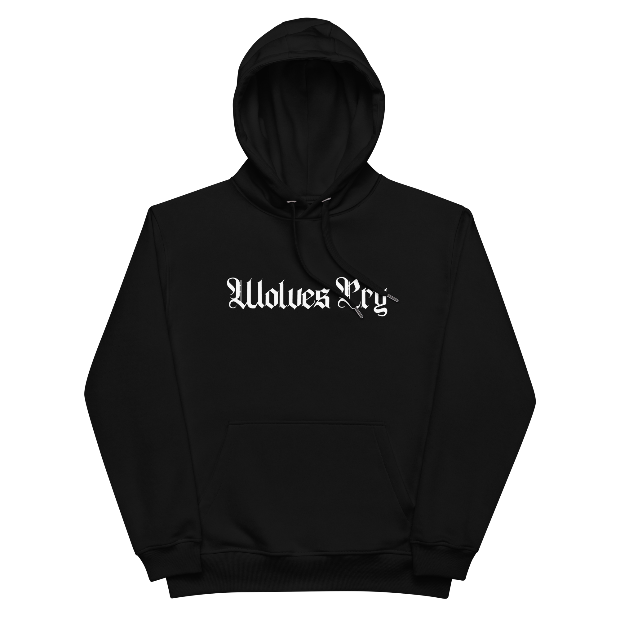 Wolves Cry Spell-Out Eco Hoodie in black, crafted from 85% organic cotton and 15% recycled polyester, featuring OG font embroidery, a double-layered hood, and brushed fleece interior for sustainable streetwear comfort.