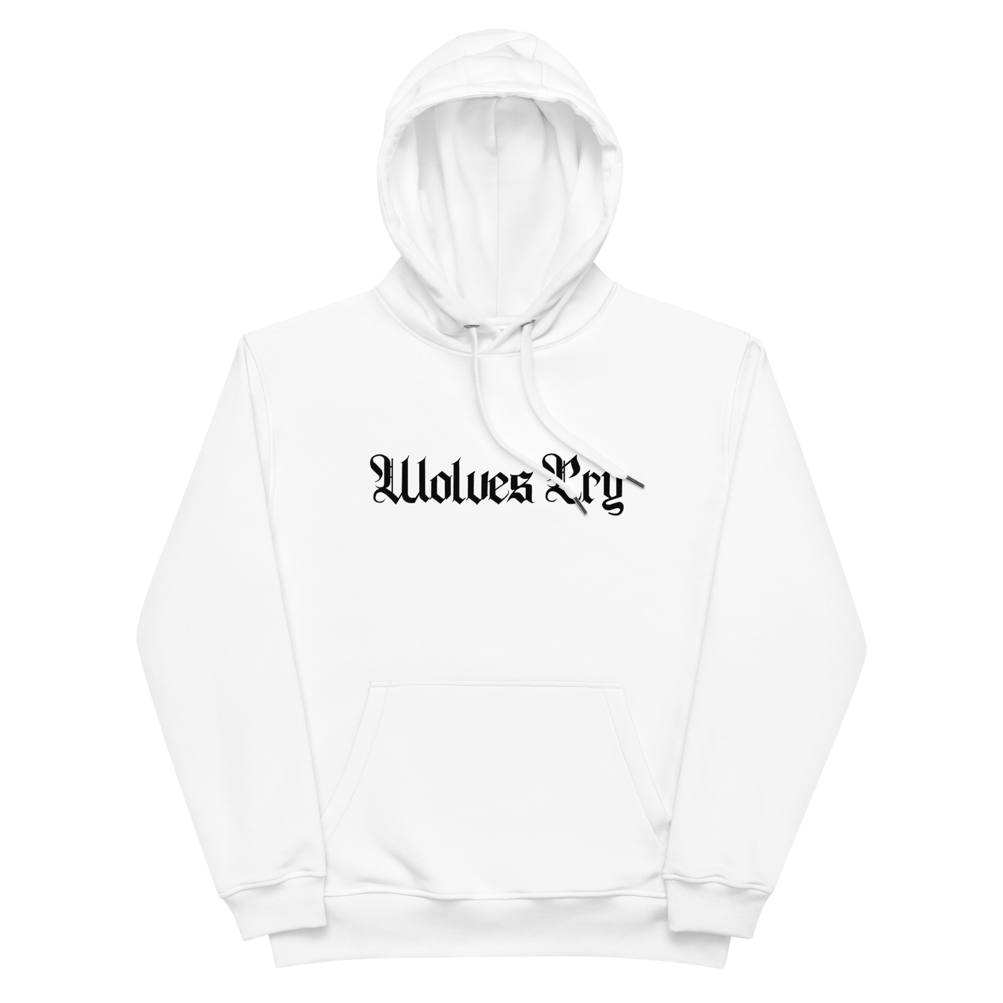 Wolves Cry Spell-Out Eco Hoodie in white, made from 85% organic cotton and 15% recycled polyester, designed with OG font embroidery, brushed fleece interior, and a double-layered hood for eco-friendly style and warmth.