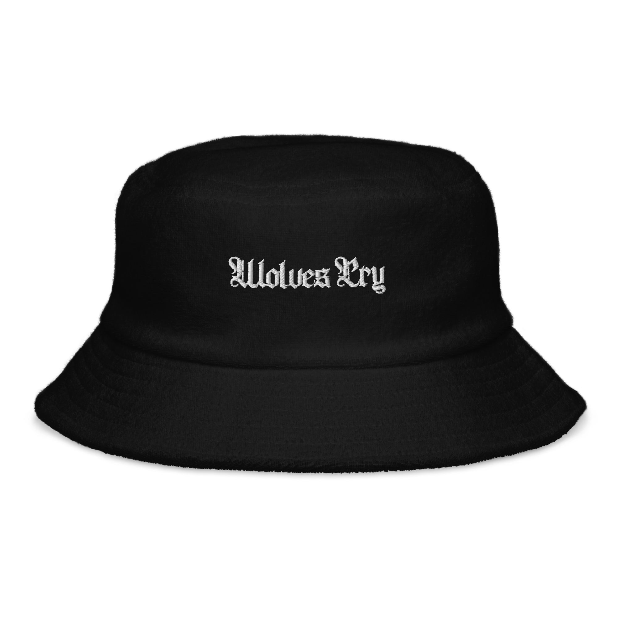 Wolves Cry Spell Out Bucket Hat in black terry cloth featuring embroidered branding, a classic brim, and decorative stitching for a modern streetwear look.