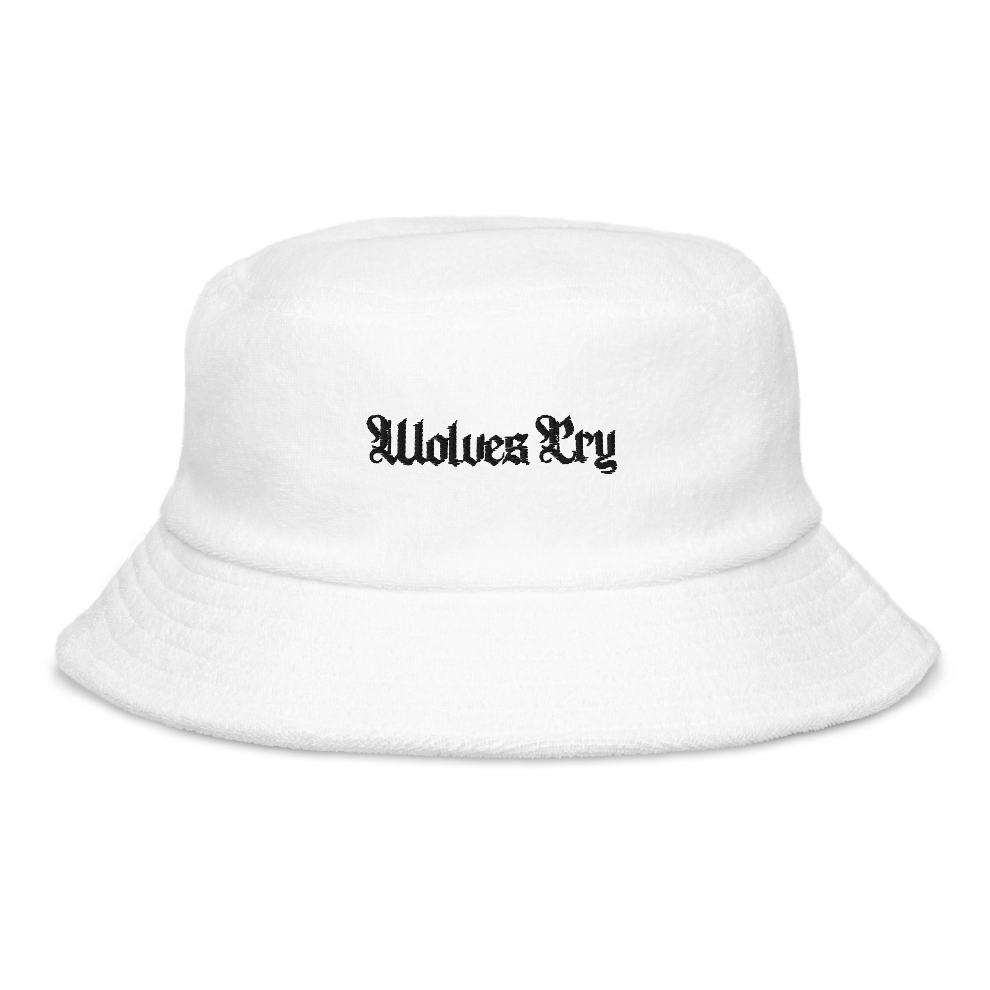 Wolves Cry Spell Out Bucket Hat in white terry cloth featuring embroidered branding, a classic brim, and decorative stitching for a fresh and modern summer look.