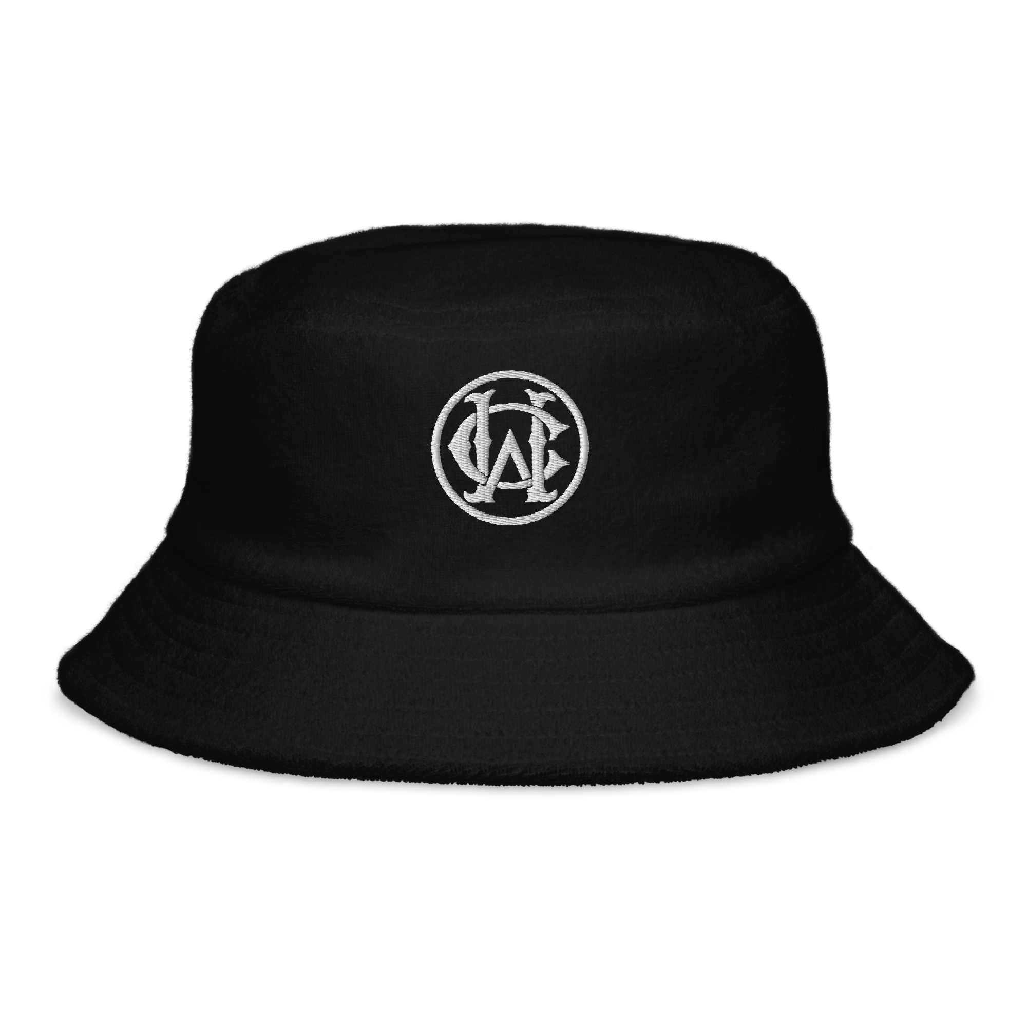 Black Terry Cloth Bucket Hat with Wolves Cry monogram logo embroidered on the front, offering a modern twist on a classic streetwear essential.