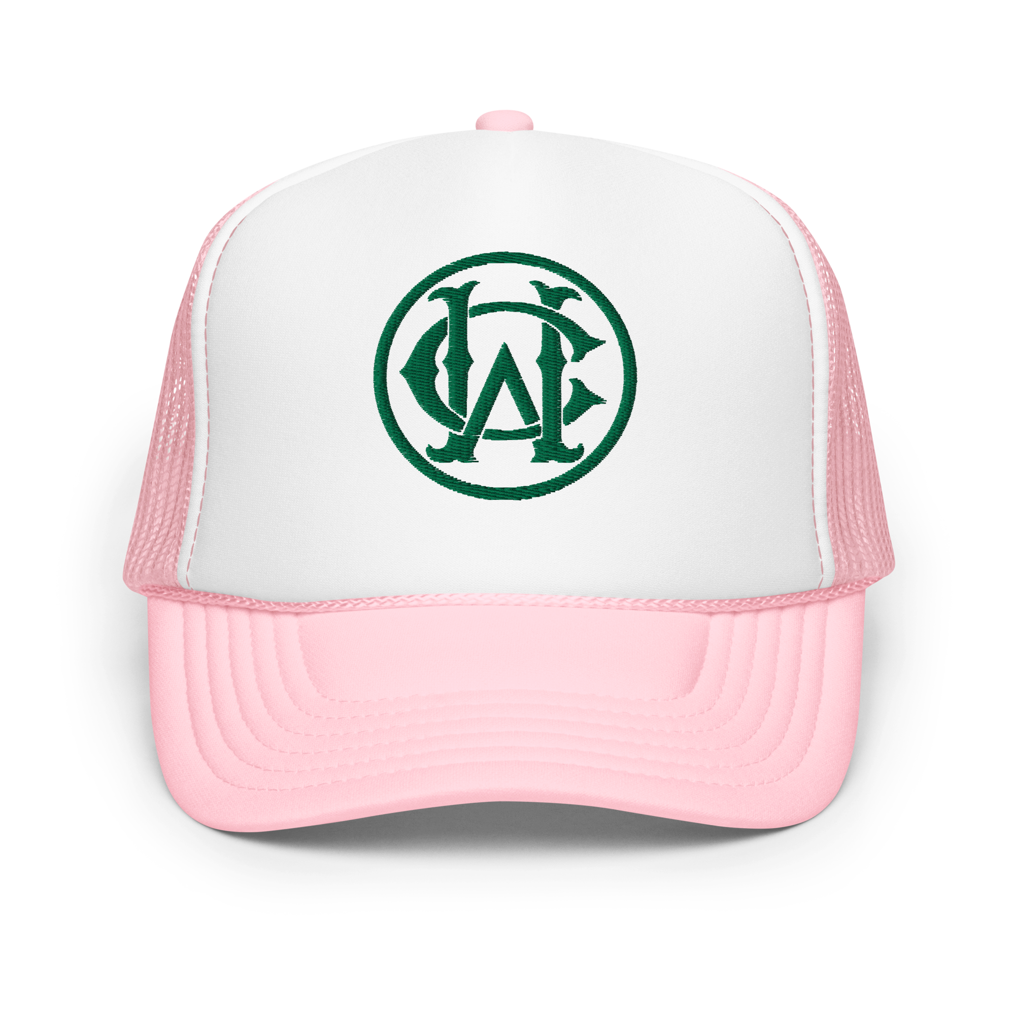 Wolves Cry “The Retirement” Foam Trucker Hat with a white foam front, soft pink brim, and green embroidered Wolves Cry monogram logo, evoking playful Miami-inspired vibes.