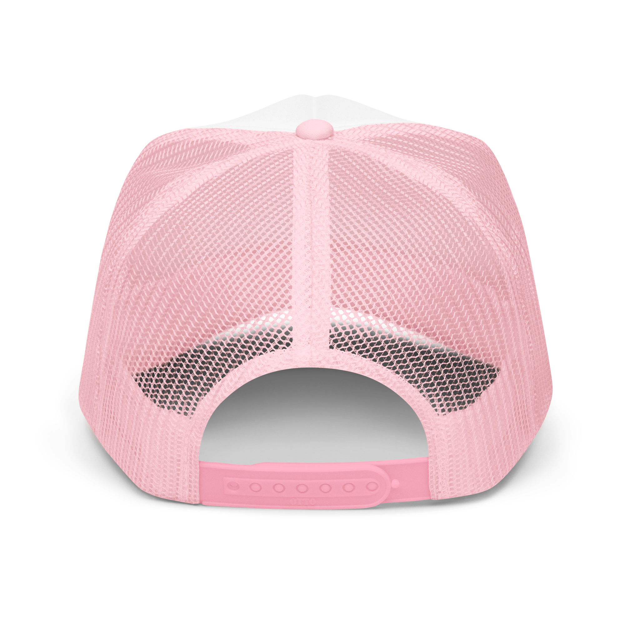 Adjustable pink mesh back of the Wolves Cry “The Retirement” Foam Trucker Hat with a plastic snap closure for a breathable, comfortable fit.