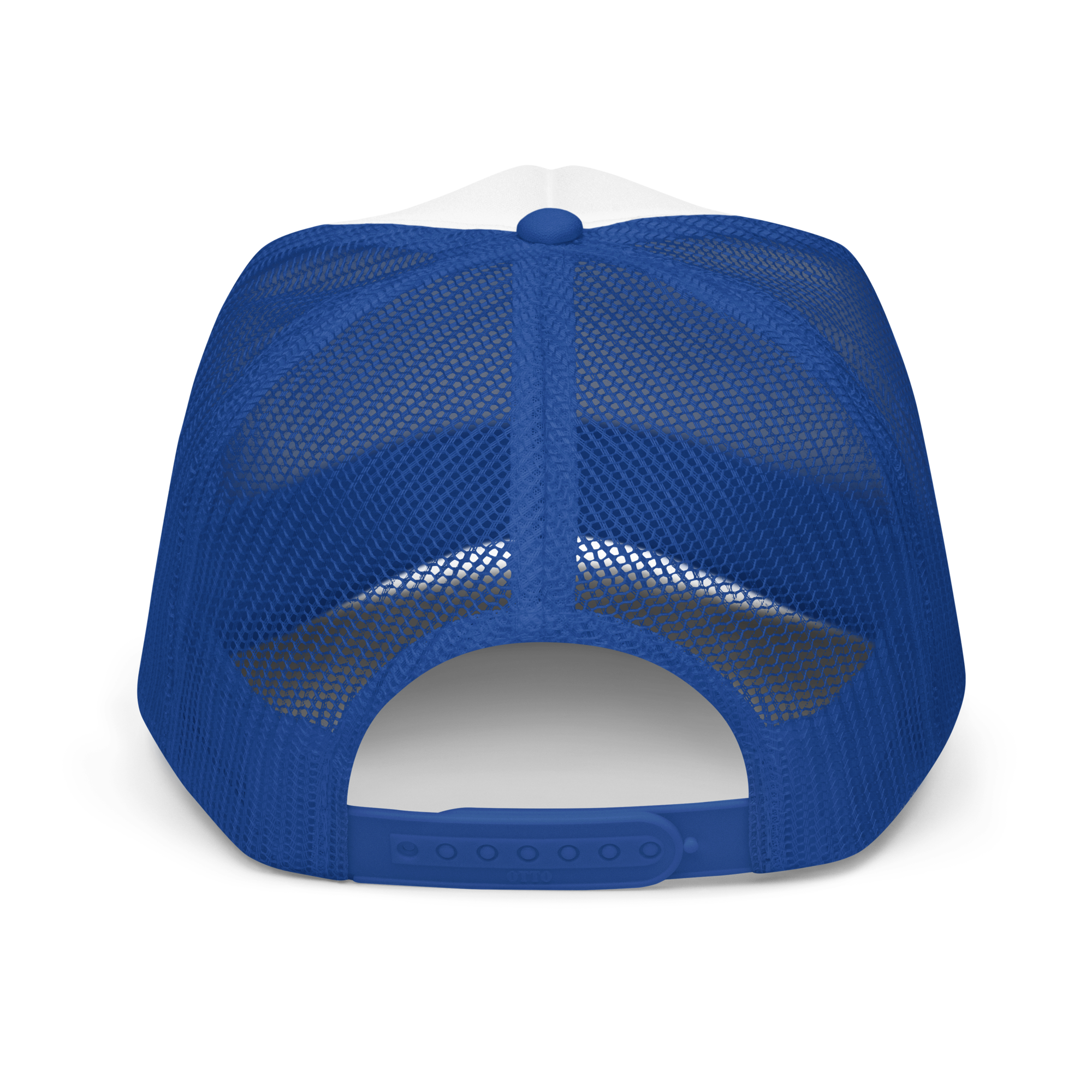 Adjustable plastic snapback closure of the Wolves Cry Unity Foam Trucker Hat in classic blue mesh for breathability and comfort.