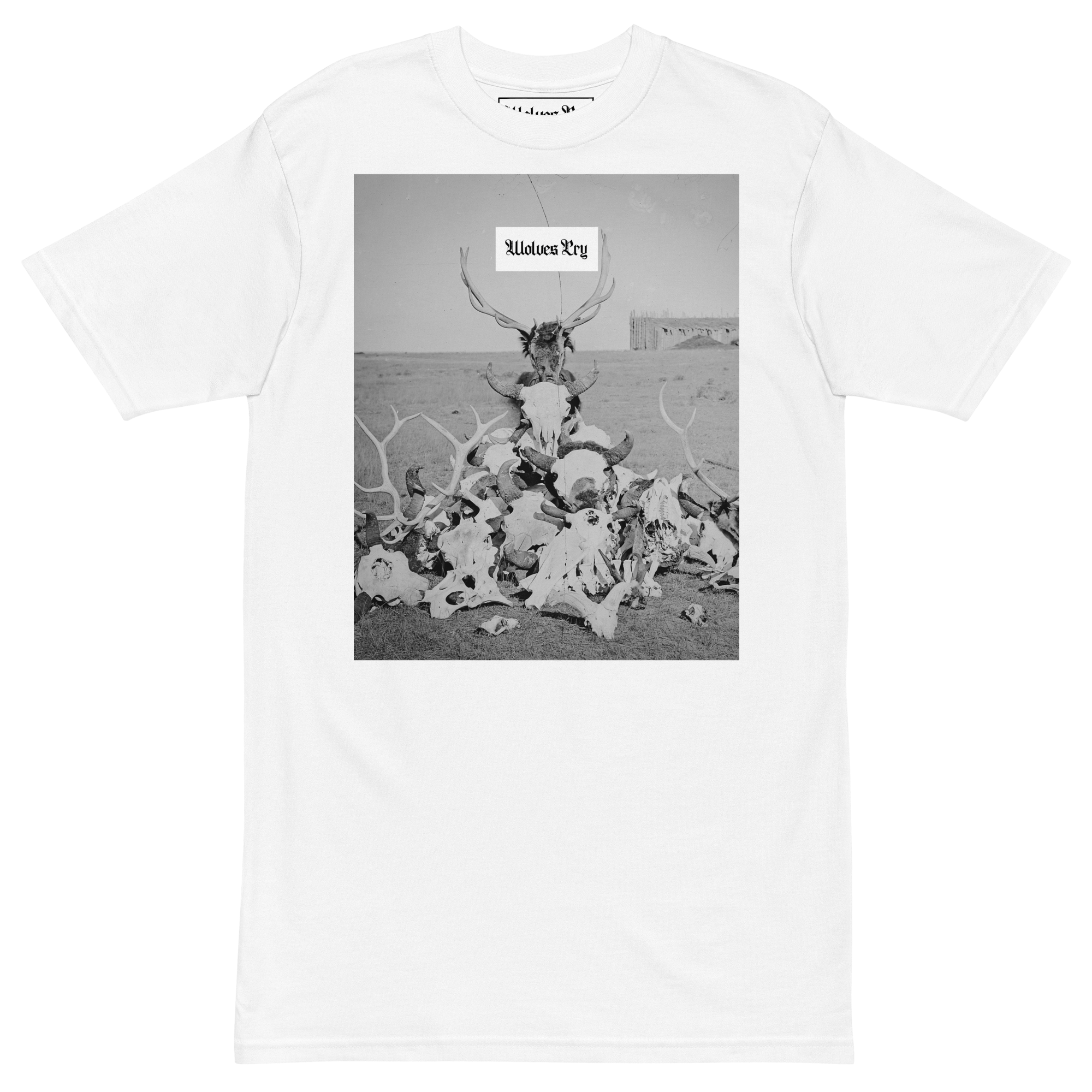 Wolves Cry Originals Death Valley Tee in white, crafted from 100% combed ring-spun cotton. Features a bold black-and-white graphic of antlers and skulls, embodying the poetic cycle of life. Perfect for streetwear enthusiasts seeking durability and style.