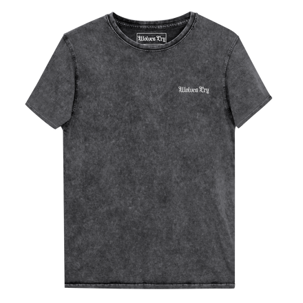 Wolves Cry Originals Embroidered Denim Tee in black, made from 100% combed cotton. Features a marbled texture and minimalist embroidered OG logo on the chest, blending rebellious streetwear culture with timeless style.