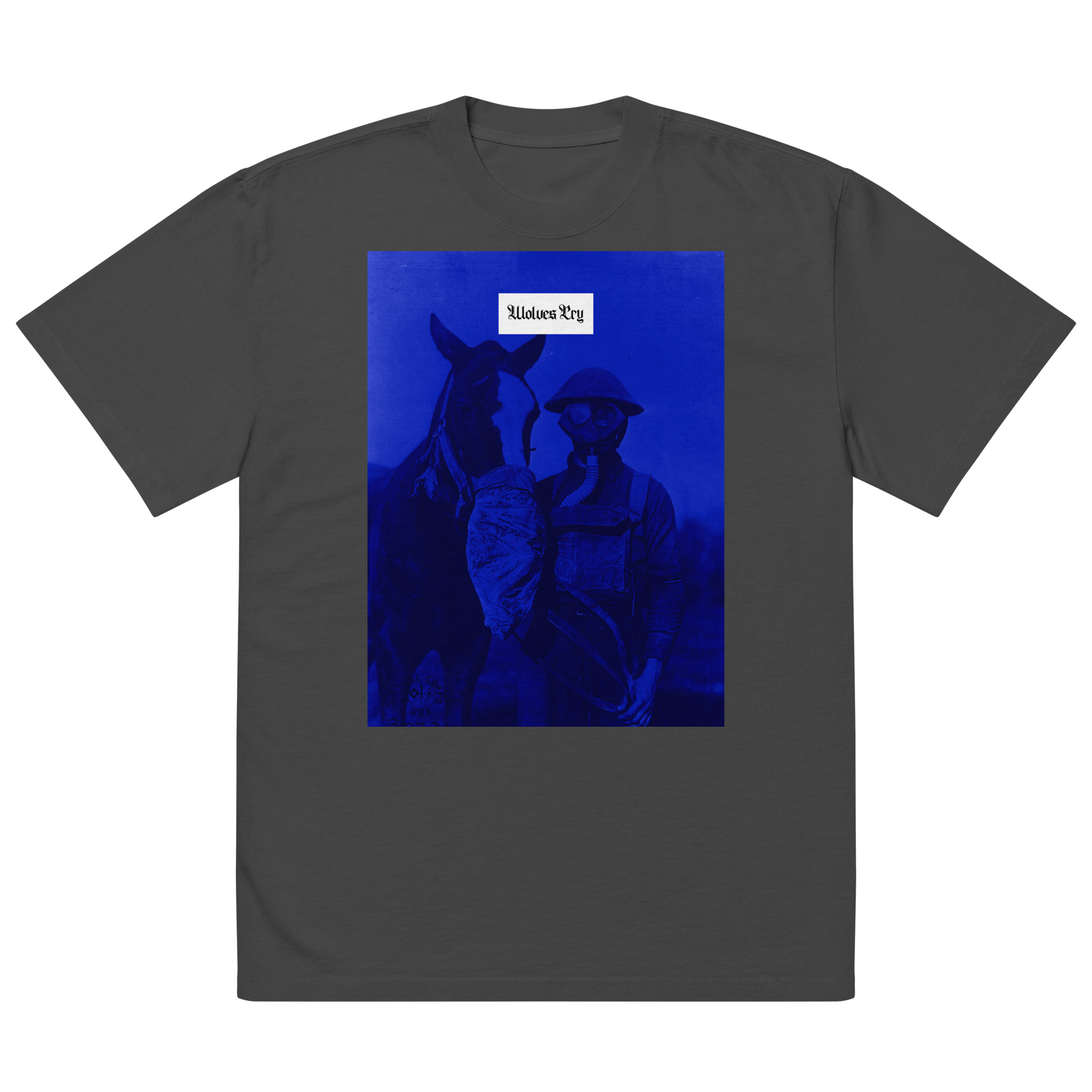 Wolves Cry Originals Equestrian Blue Remix Tee in a vintage wash, featuring a bold blue equestrian-inspired graphic on the front. Crafted from 100% carded cotton with a boxy, oversized fit, this heavyweight tee delivers streetwear style and all-day comfort.