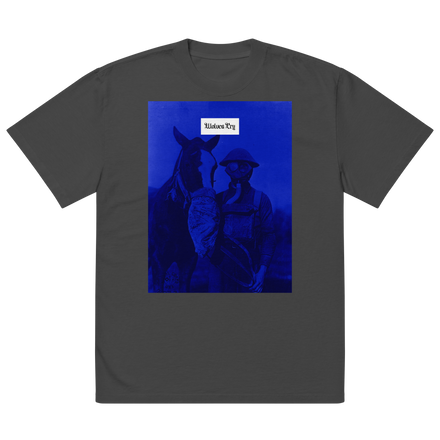 Wolves Cry Originals Equestrian Blue Remix Tee in a vintage wash, featuring a bold blue equestrian-inspired graphic on the front. Crafted from 100% carded cotton with a boxy, oversized fit, this heavyweight tee delivers streetwear style and all-day comfort.