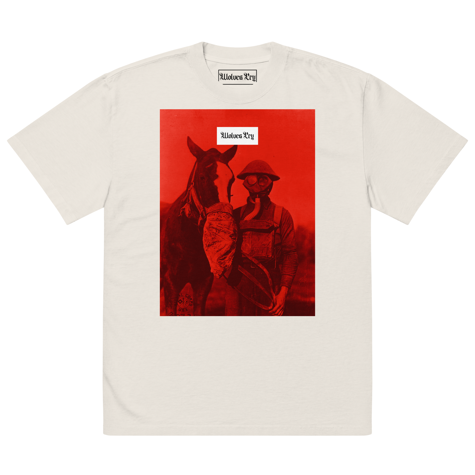 Wolves Cry Originals Equestrian Red Remix Tee featuring a bold red equestrian-inspired graphic on a vintage-washed 100% carded cotton base. Boxy, oversized fit with dropped shoulders and wide neck ribbing, designed for bold streetwear style and premium comfort.