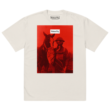 Wolves Cry Originals Equestrian Red Remix Tee featuring a bold red equestrian-inspired graphic on a vintage-washed 100% carded cotton base. Boxy, oversized fit with dropped shoulders and wide neck ribbing, designed for bold streetwear style and premium comfort.