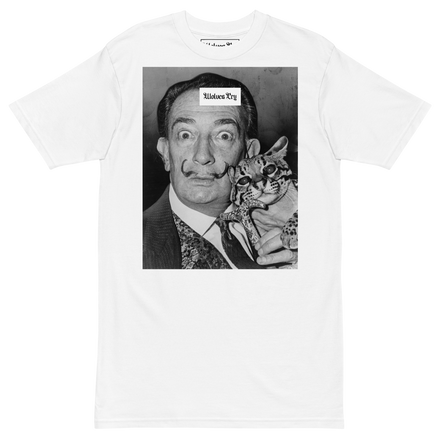 Wolves Cry Originals Icons Tee in white, featuring Salvador Dalí with his ocelot. A bold graphic that embodies rebellion, creativity, and unique artistry. Made from heavyweight combed cotton for premium comfort and durability. Relaxed fit with a plain white back for a modern streetwear look.