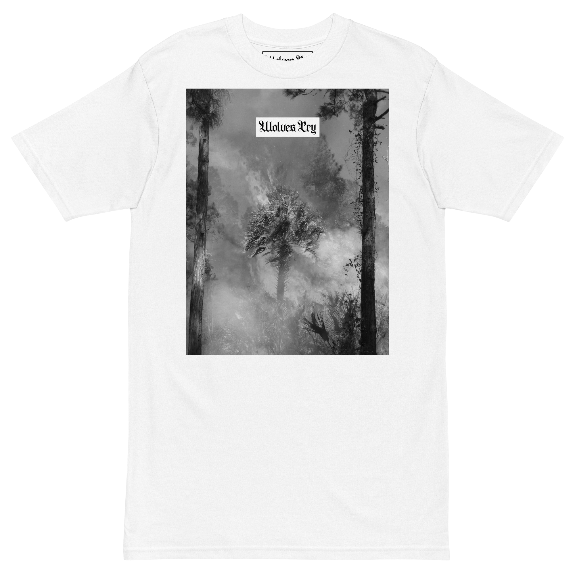 Wolves Cry Originals Malibu Flame Tee in white, showcasing a striking graphic of a palm tree engulfed in flames. Made from premium heavyweight cotton for a relaxed fit and maximum comfort. A statement piece blending poetic visuals with streetwear essentials.