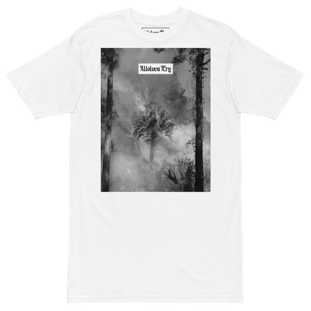 Wolves Cry Originals Malibu Flame Tee in white, showcasing a striking graphic of a palm tree engulfed in flames. Made from premium heavyweight cotton for a relaxed fit and maximum comfort. A statement piece blending poetic visuals with streetwear essentials.