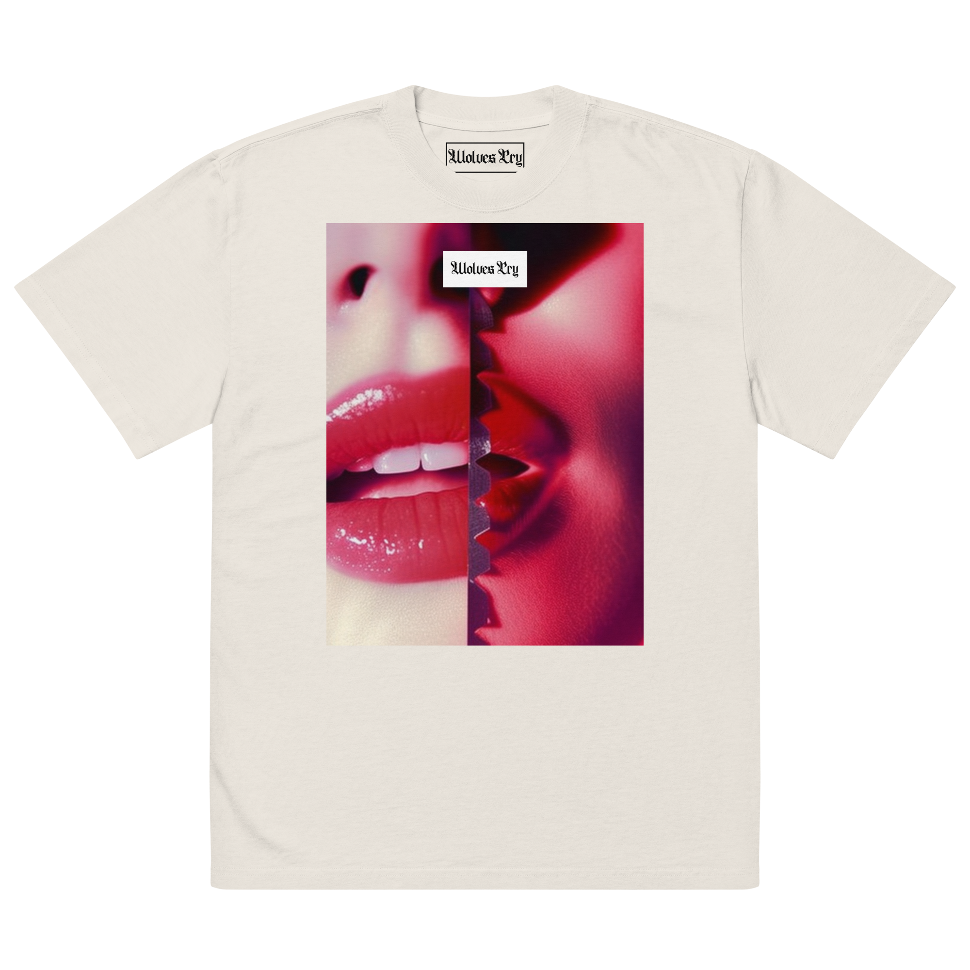 Front view of Wolves Cry Originals Oversized Kiss Shirt in Off-White, featuring a bold pink and red graphic design, blending cinematic storytelling with laid-back streetwear energy.