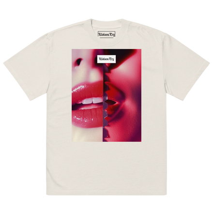 Front view of Wolves Cry Originals Oversized Kiss Shirt in Off-White, featuring a bold pink and red graphic design, blending cinematic storytelling with laid-back streetwear energy.