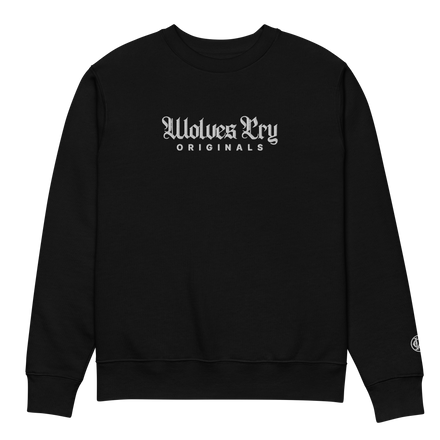 Wolves Cry Originals Embroidered Plain Jane Crew in black, featuring a minimalist center chest logo design. Made from 100% organic ring-spun cotton, offering premium comfort and a clean, understated streetwear aesthetic.