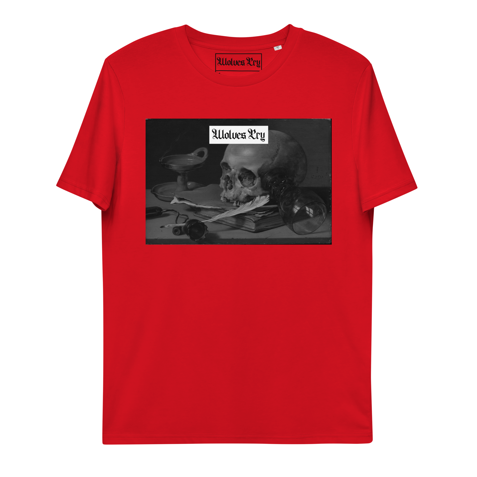 Front view of the Wolves Cry Red Skull Tee featuring a printed graphic design on 100% organic ring-spun cotton, vibrant red color, and a medium fit with set-in sleeves.