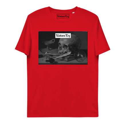 Front view of the Wolves Cry Red Skull Tee featuring a printed graphic design on 100% organic ring-spun cotton, vibrant red color, and a medium fit with set-in sleeves.