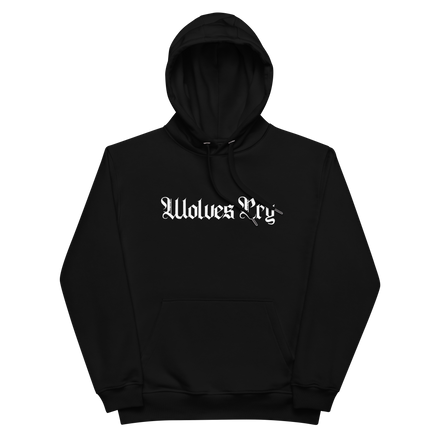 Wolves Cry Spell-Out Eco Hoodie in black, crafted from 85% organic cotton and 15% recycled polyester, featuring OG font embroidery, a double-layered hood, and brushed fleece interior for sustainable streetwear comfort.