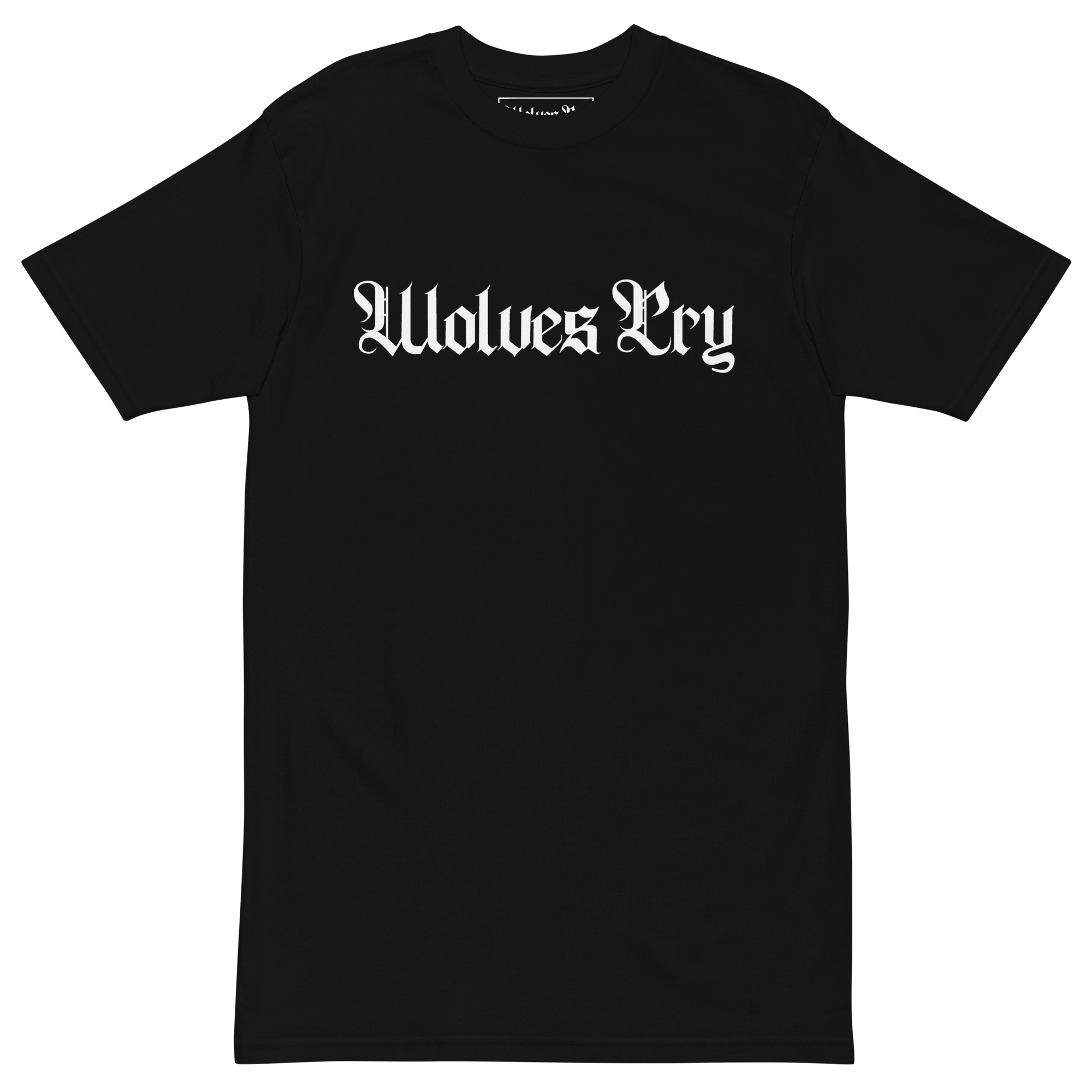 Wolves Cry Originals Spell-Out Tee in black, crafted from 100% combed ring-spun cotton, featuring the iconic Wolves Cry logo in white across the chest for bold streetwear style.