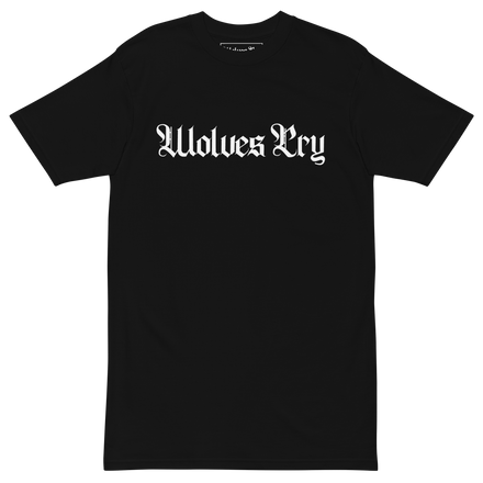 Wolves Cry Originals Spell-Out Tee in black, crafted from 100% combed ring-spun cotton, featuring the iconic Wolves Cry logo in white across the chest for bold streetwear style.